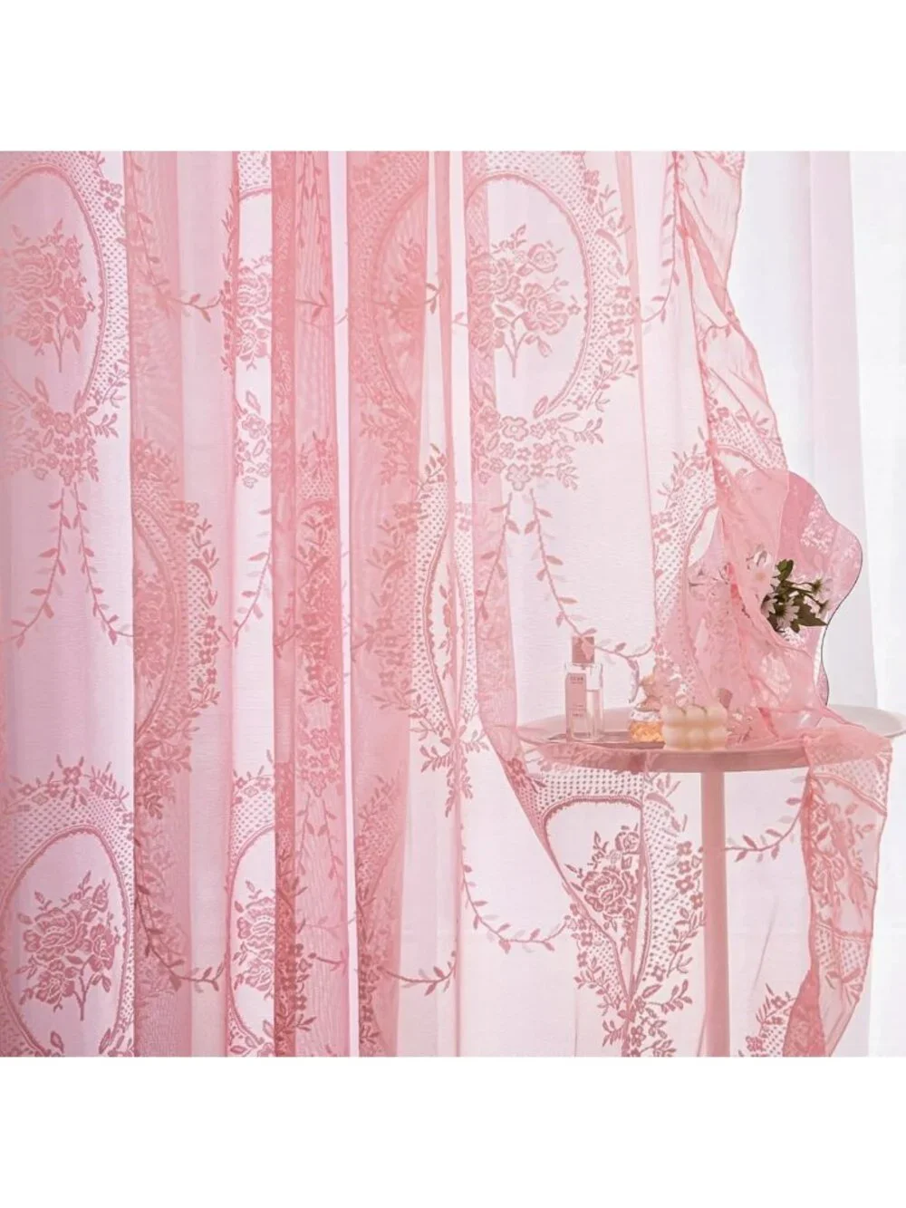 Bright Pink Lace Curtains Set - 84